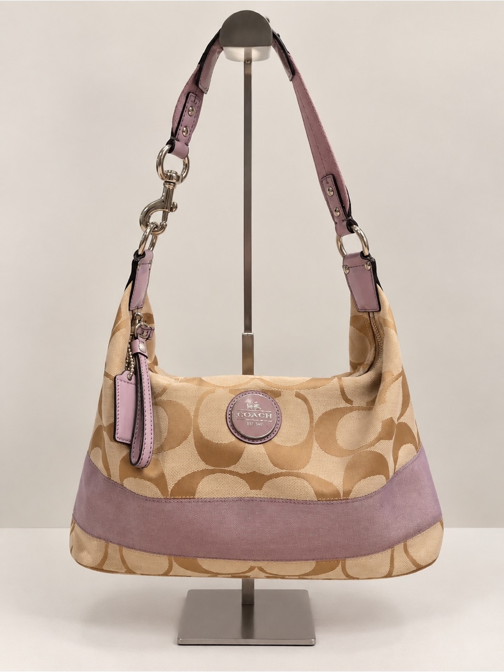 Coach Beige Signature Canvas Shoulder Bag with Lavender Trim